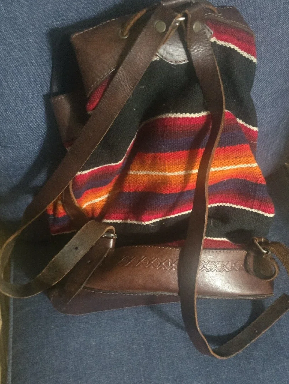 Bohemian Leather and Woven Red Backpack - Womans Casual Bag